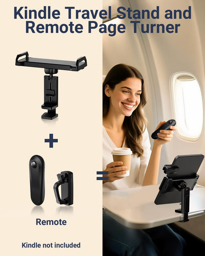 Kindle Travel Stand with Remote Page Turner – Foldable Kindle Holder and Clicker for Hands-Free Reading on Airplanes, Commutes & Camping