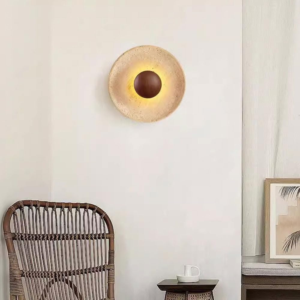 WFZRXFC Wall Sconce American Retro Minimalism Wall Light Round Yellow Travertine Interior Wall Lamp 7W LED Warm Light 3000K travertine sconce Wooden Decoration Living Room Wall Lighting