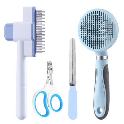 HCHYEY Cat Grooming Kit, 4-in-1 Cat Grooming Tools with Cats Brush, Flea Comb, Nail Clipper & Trimmer - Deshedding & Dematting for Pets Hair and Paws, Pet Shedding Set for Indoor Dogs & Cats (Blue)