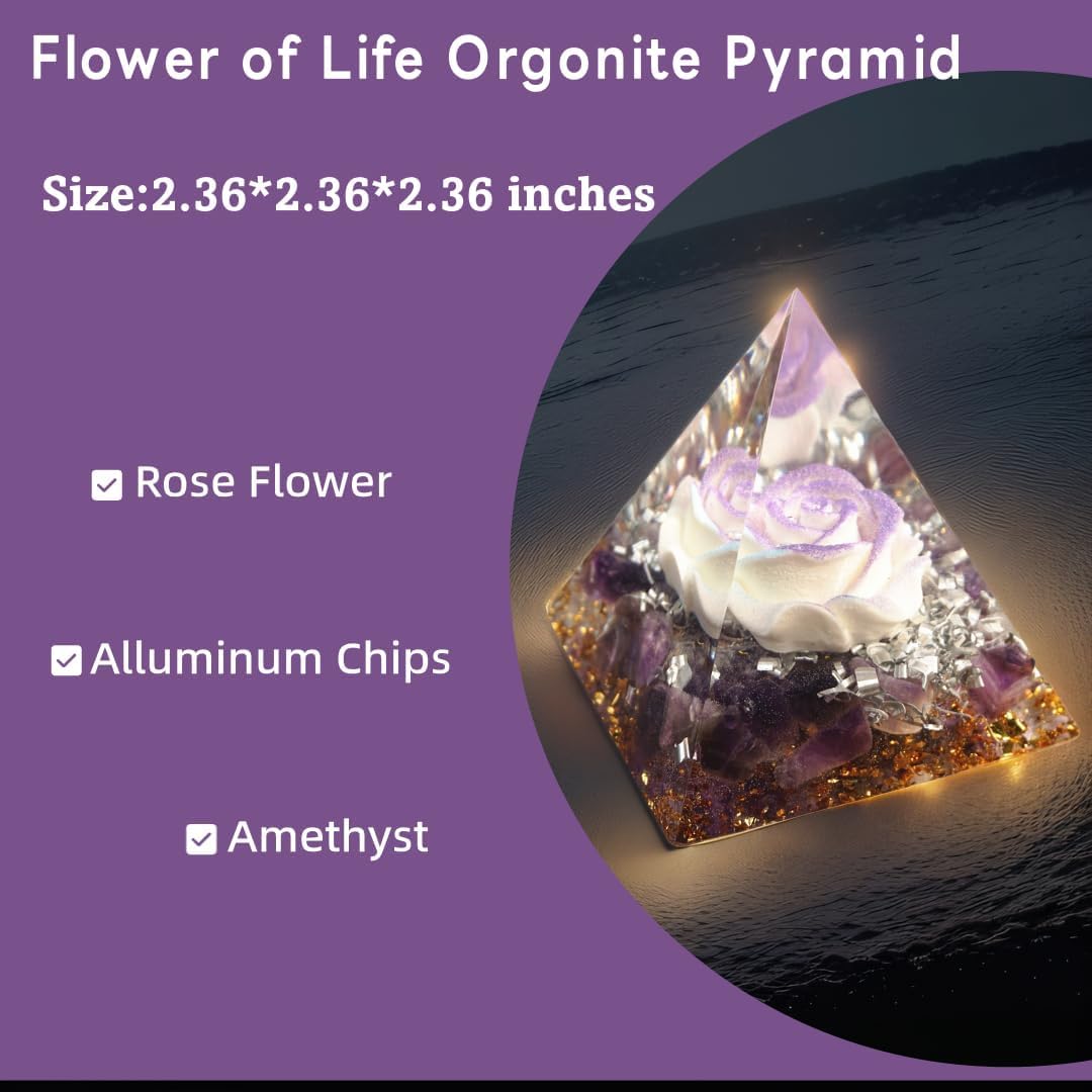 Crystal Ogan Pyramid for Positive Energy, Orgonite Amethyst Stones Crystals Pyramid Chakra Reiki Meditation Attracts Lucky and Success (Purple-Blue&Amethyst)