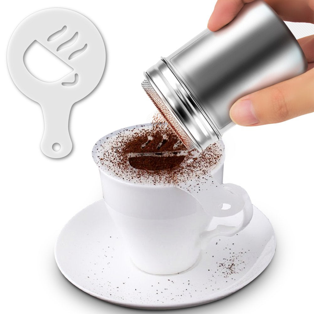 2 Pcs Stainless Steel Dredges and Powdered Shaker with 16 pcs Printing Molds Stencils, SENHAI Salt Pepper Coffee Cocoa Cinnamon Power Can with Hole or Fine-Mesh Lid for Kitchen Baking Cooking