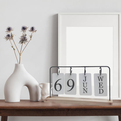 Wooden Perpetual Calendar for Desk, Metal Wood Month Date Display for Teachers, Students, Classroom, Rustic Farmhouse Office Decor, Desk Accessories (black)