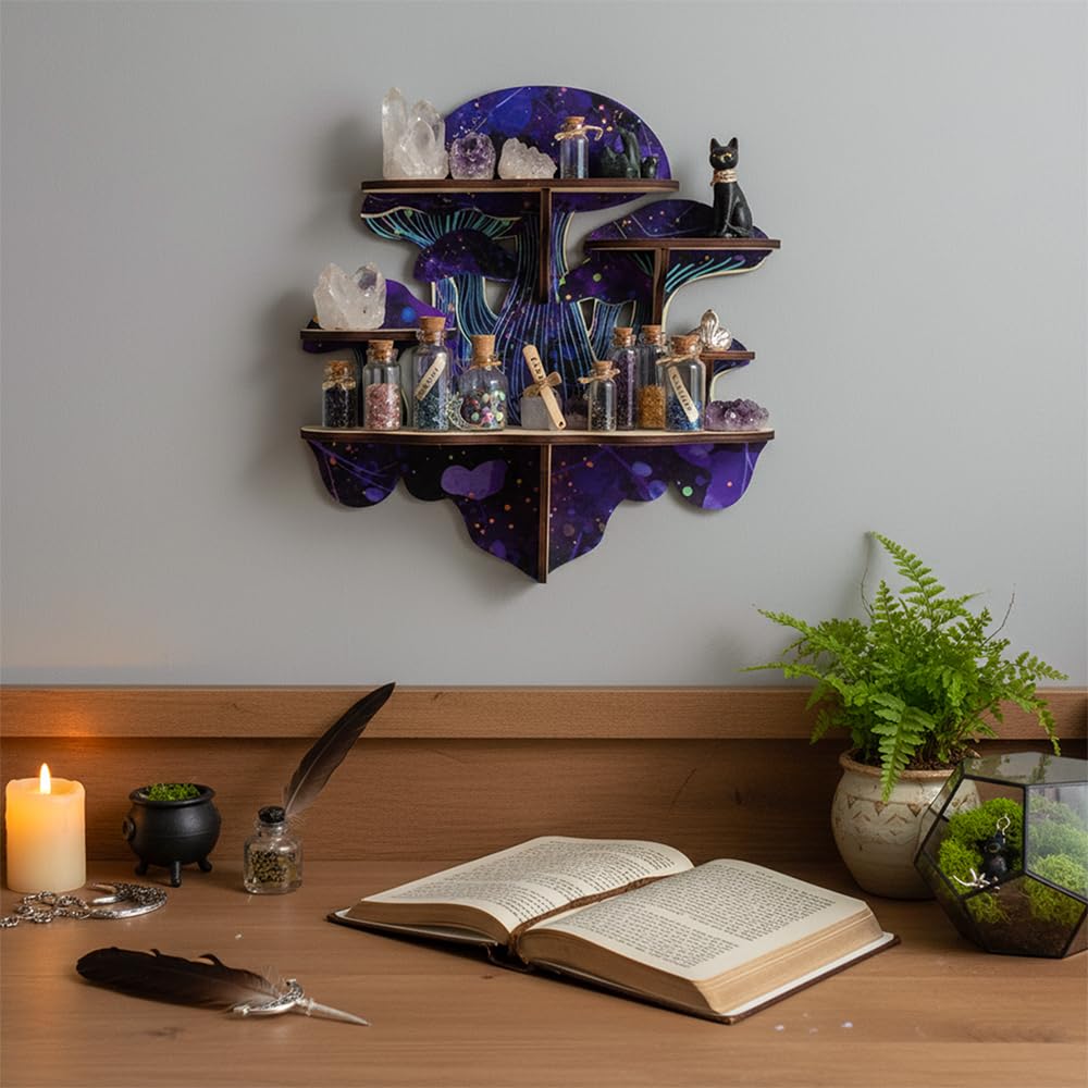 FNYDOX Crystal Display Shelf for Witchy Mushroom Decor, Gothic Altar Shelf for Crystals, Rocks, Gemstones & Essential Oils, 5 Compartment Wall Shelf & Spiritual Gifts