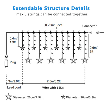 Blingstar Star Curtain Lights - 138 LED 12 Star Lights, 8.2ft Extendable, 8 Modes, Remote, Cool White