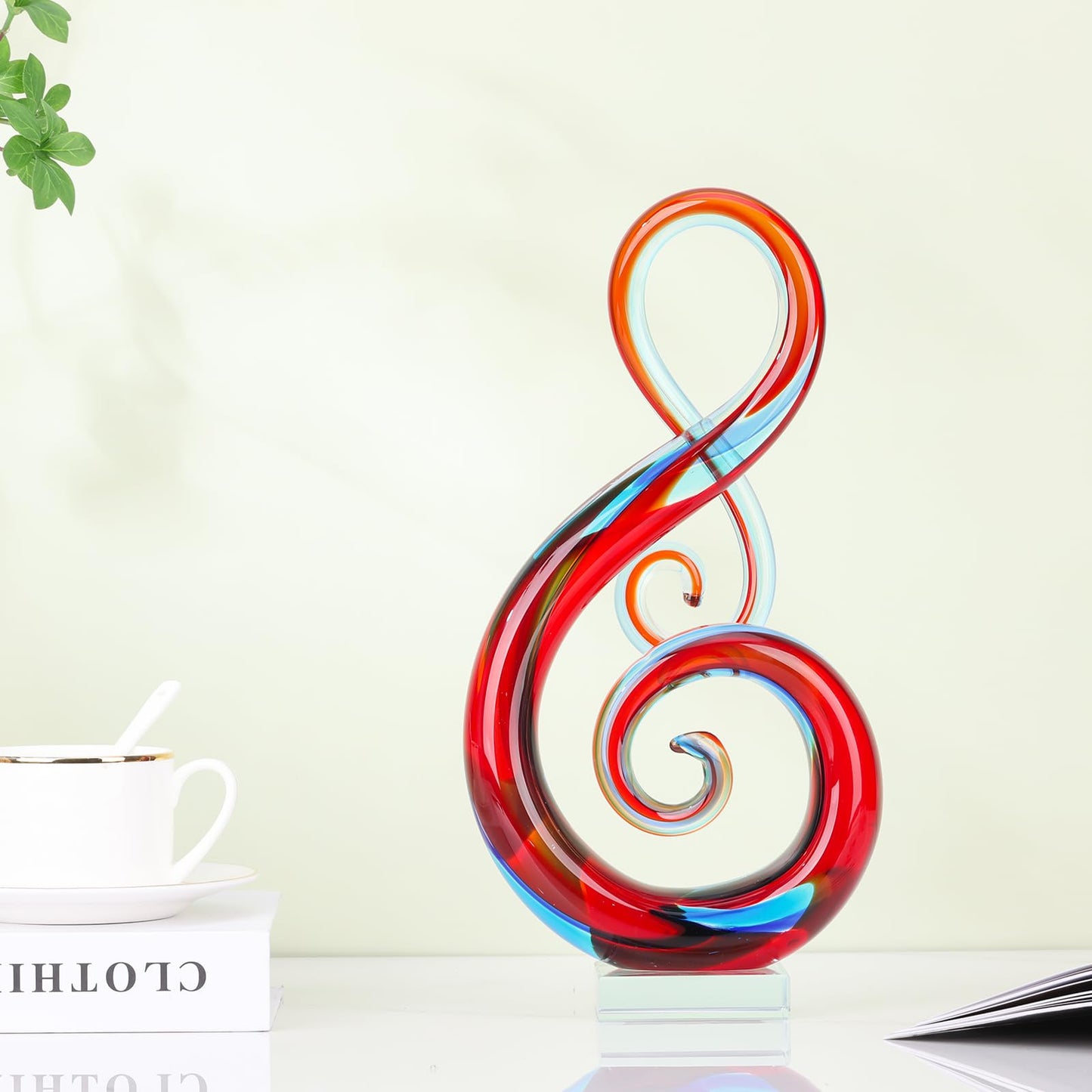 LCCCK 13" H Large Glass Sculpture Red Hand Blown Glass Figurines Art Music Decor, Modern Red Glasses Decor Crystals Statue Knick Knacks- for Luxury Home Living Room Office Console Table Decoration