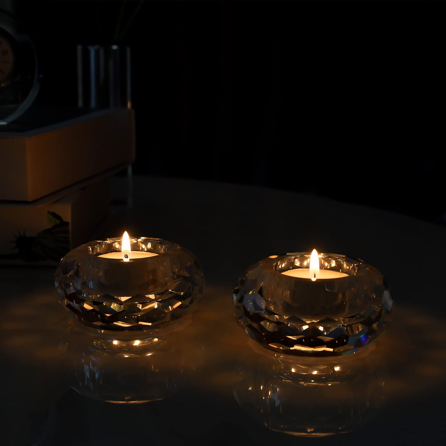 Kitcom Crystal Tealight Candle Holders Pack of 2, Hand-Cut Candle Holder Home Decor for Wedding Banquet Dinner 3.2" Diameter x 1.6" High, Clear