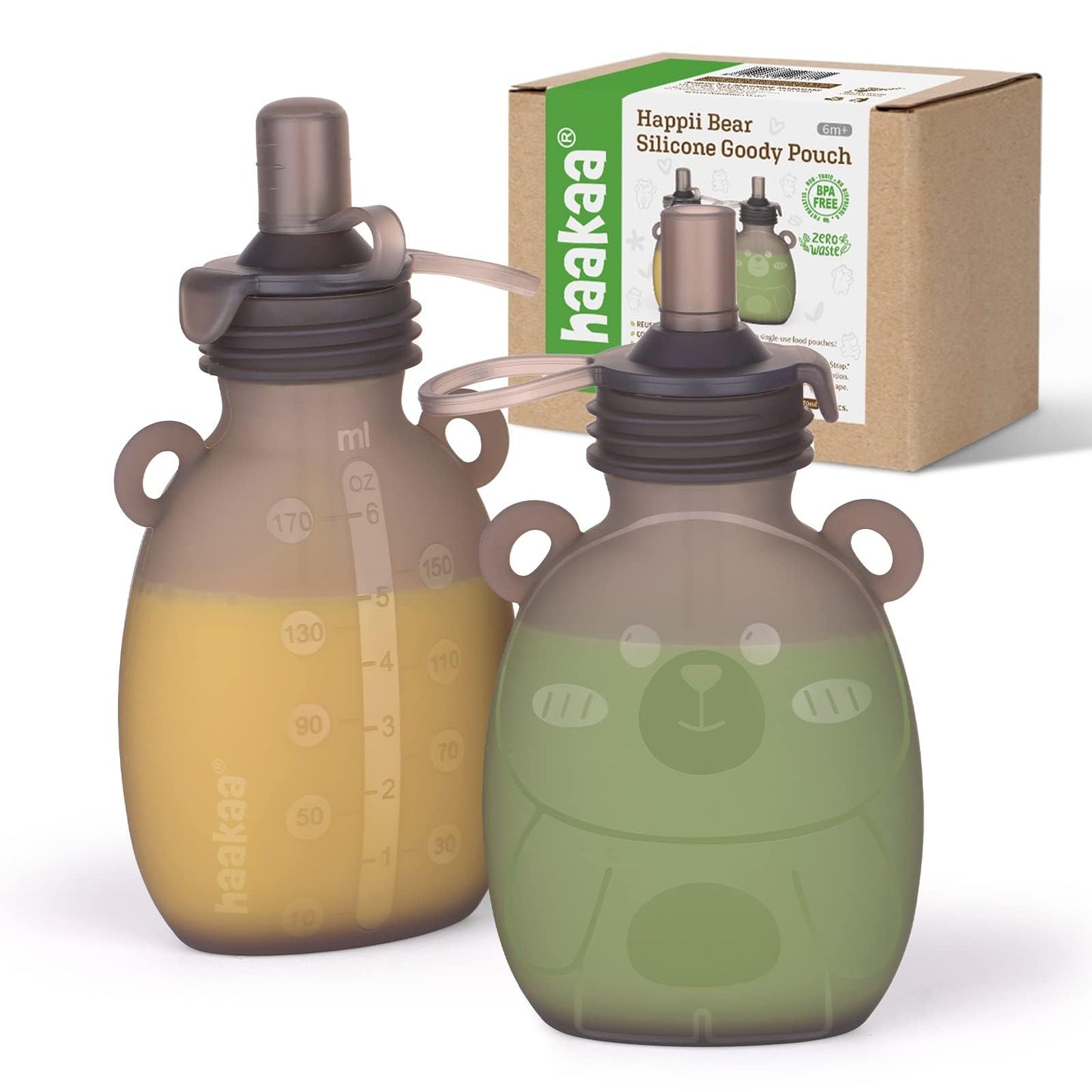 haakaa Happii Bear Silicone Goody Pouch,Reusable Baby Food Pouches for Homemade Organic Purees, Juices, Smoothies, and Yogurt - Perfect for Toddlers and Kids - 2 Pack, 6oz