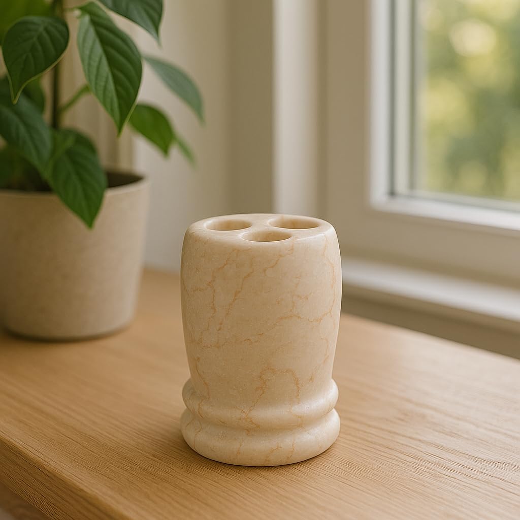 Creative Home Marble Toothbrush Holder, Natural Champagne Beige Double Ring Design, Hand Polished Finish, Weighted Stone & Water Resistant, 3-Slot Bathroom Countertop Organizer for Makeup Brushes
