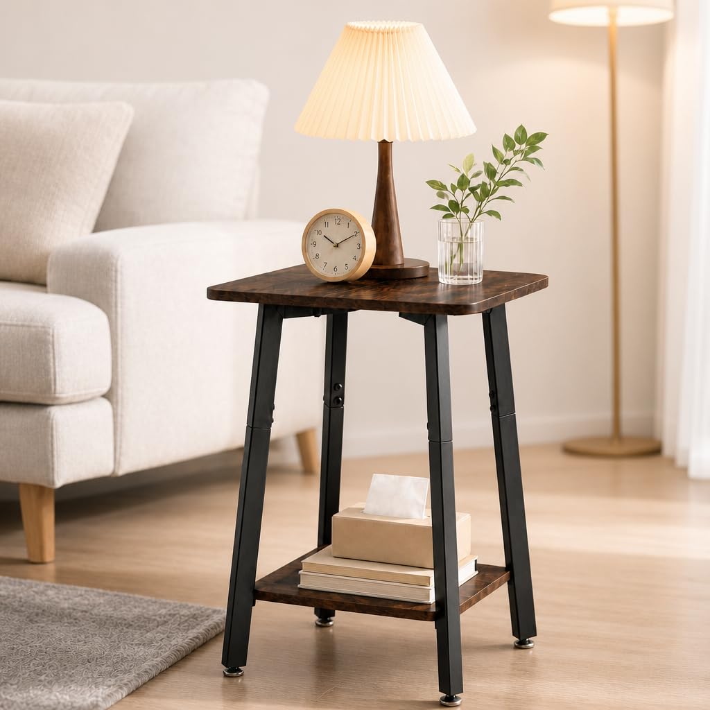 King Oasis Small Side Table for Small Spaces, 2-Tier End Table with Storage Shelf, 15.7-Inch Square Wood and Metal Nightstand for Living Room or Bedroom, Rustic Brown