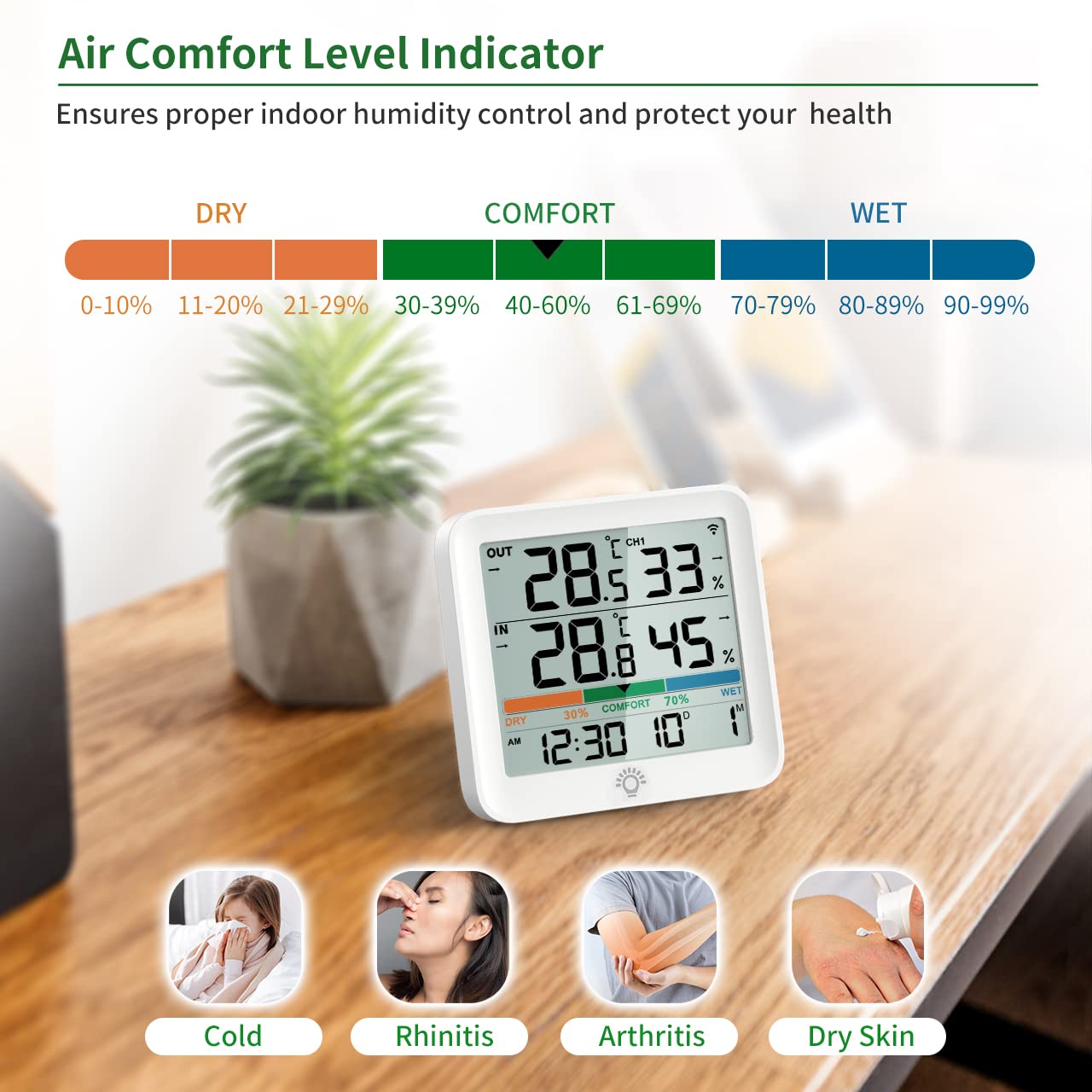 VOCOO Wireless Thermometer Indoor Outdoor Hygrometer with 1 Remote Sensors,Digital Humidity Temperature Gauge Meter Monitor with Backlit Clock Min/Max Value, ℉/℃ Air Indicator for Home, Greenhouse