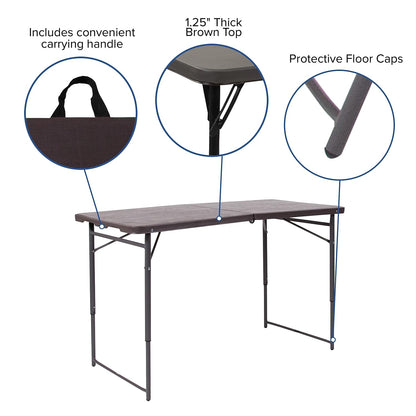 Flash Furniture Mills 4-Foot Height Adjustable Bi-Fold Brown Wood Grain Plastic Folding Table with Carrying Handle