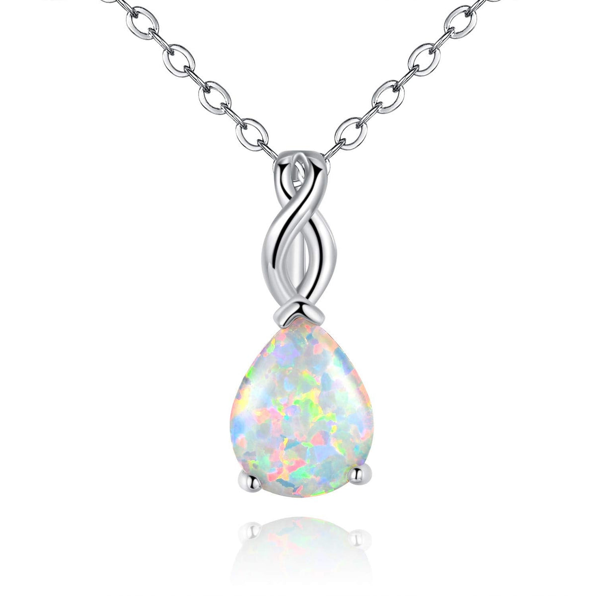 VOLUKA Created White Fire Opal Pendant Necklace for Women|8 * 10mm Teardrop October's Birthstone Gemstone Necklace|18K White Gold Plated Pear-Shaped Wedding Engagement Jewelry Gifts 19.5 inches