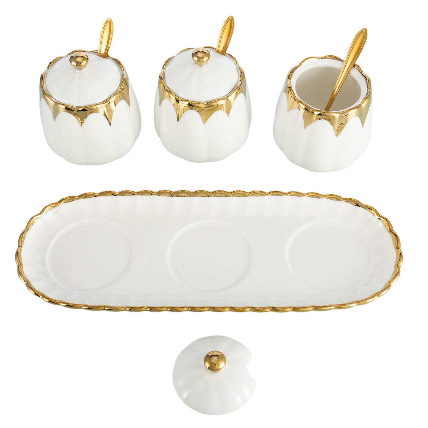 Milky Way Set of 3 Ceramic Condiment Pots Sugar Bowl,Porcelain Sugar Holder with 1Tray, Lid and Spoon Salt Container Modern Seasoning Jars for Counter Home and Kitchen (White gold)