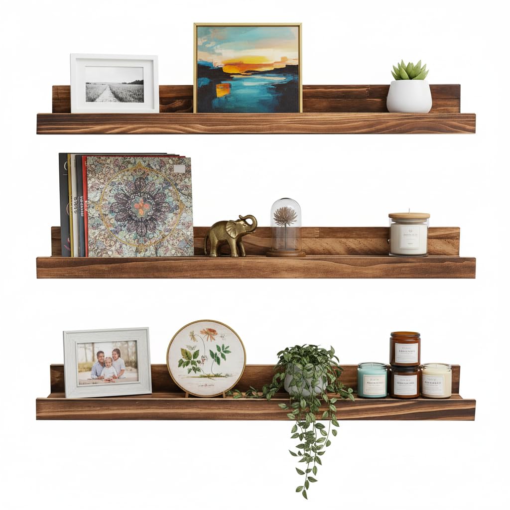 AZSKY 24 Inch Floating Shelves Set of 3 - Rustic Wood Picture Ledge Shelf for Home Storage Decor - Nursery Book Shelves, Wall Mounted Kids Bookshelf for Living Room, Bedroom, Photos & Vinyl Records