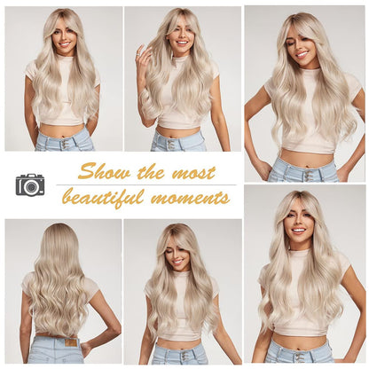 Esmee Long Wavy Blonde Wigs for Women Natuaral Synthetic Hair Heat Resistant Ombre Wig for Daily Party Cosplay Use