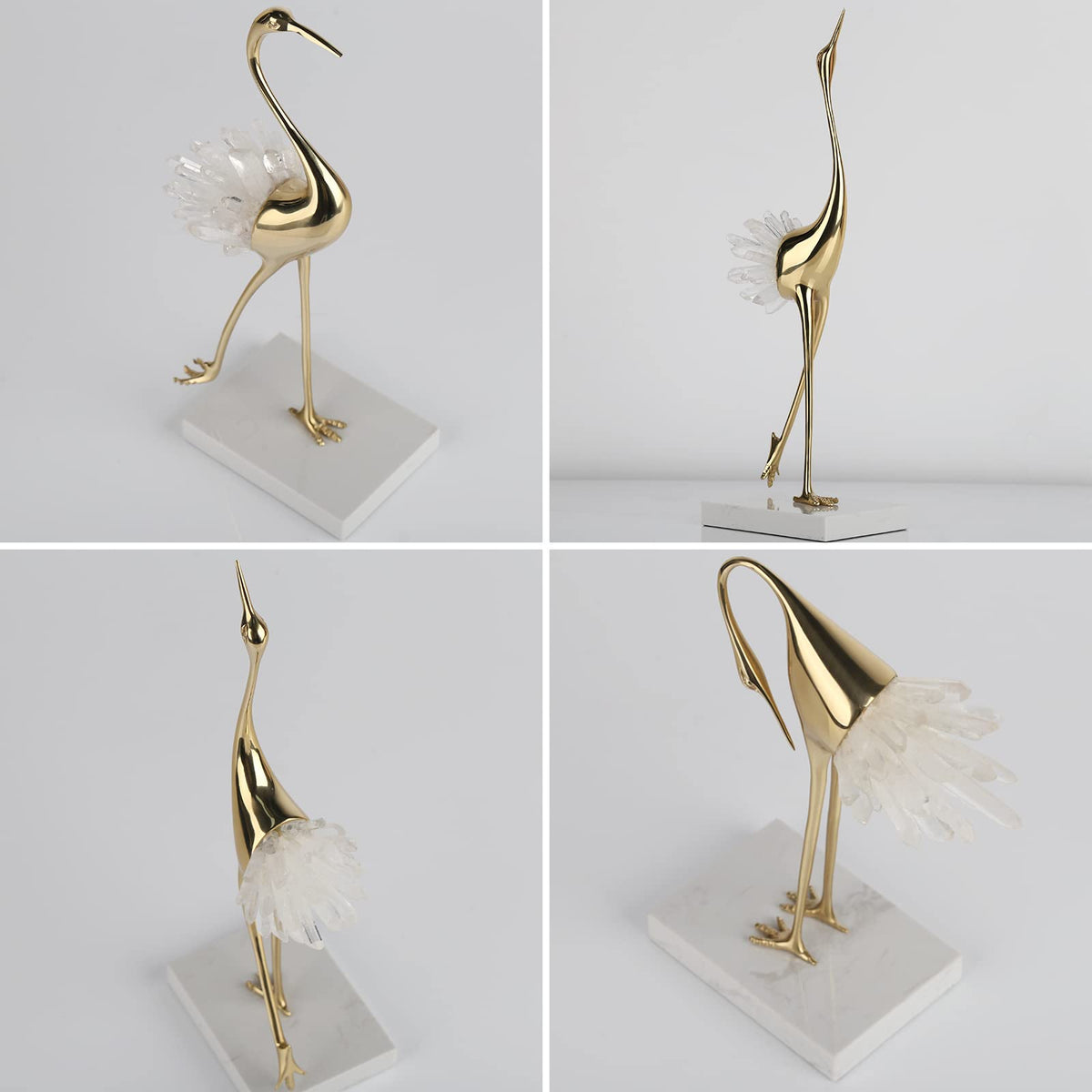 suruim Elegant Gold Crane Bird Statues with Crystal Tail Accents, Decorative Brass Figurines for Home Decor (White B)