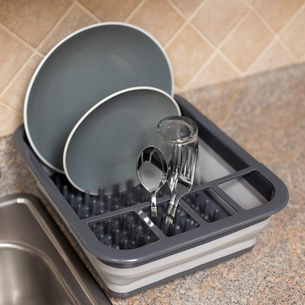 Home Basics Silicone and Plastic Easy Storage Collapsible Dish Rack with Cutlery Holder (Grey)