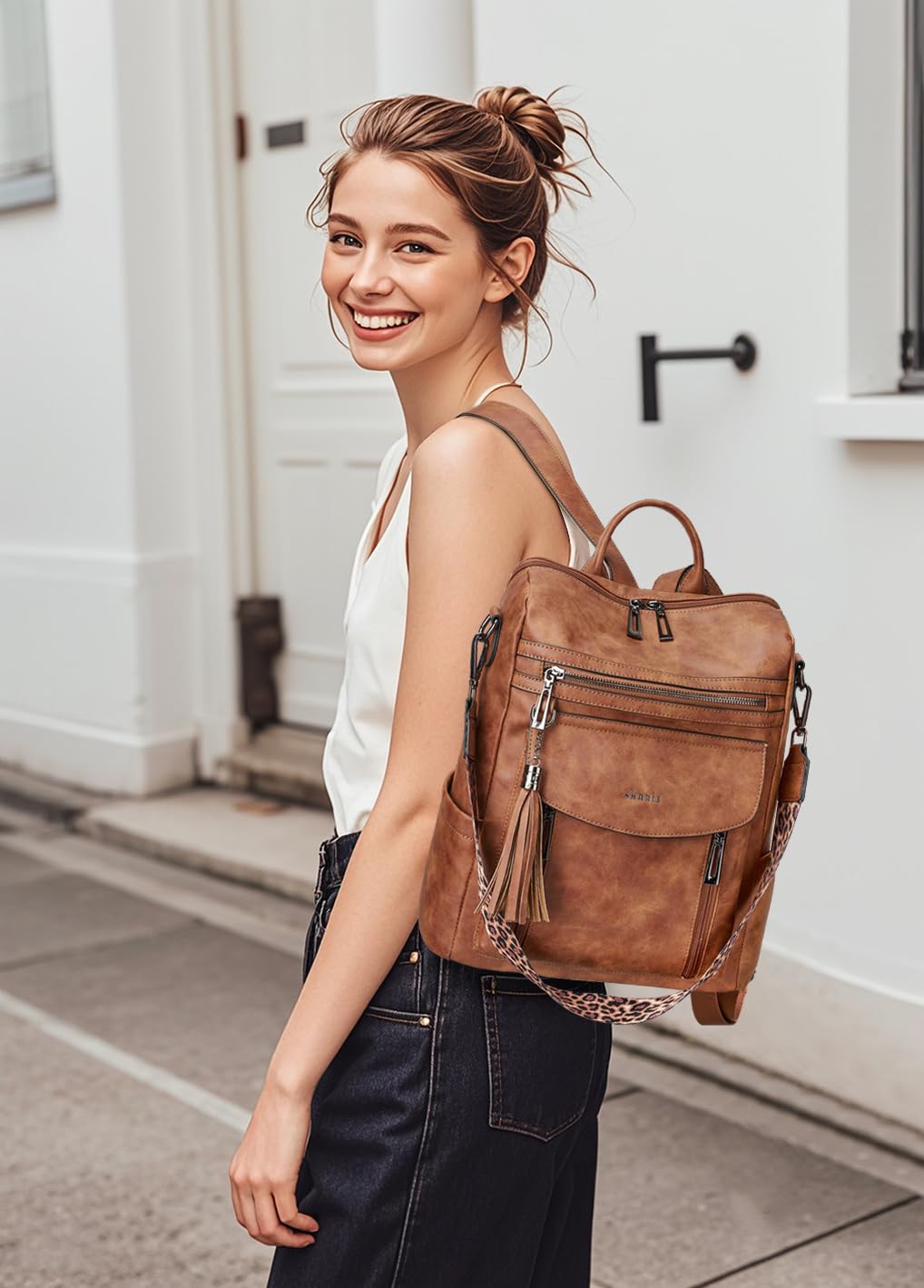 Shrrie Leather Backpack Fashion Backpack Purse Designer Small Travel Backpack Convertible Shoulder Bag with Wristlet for Work College