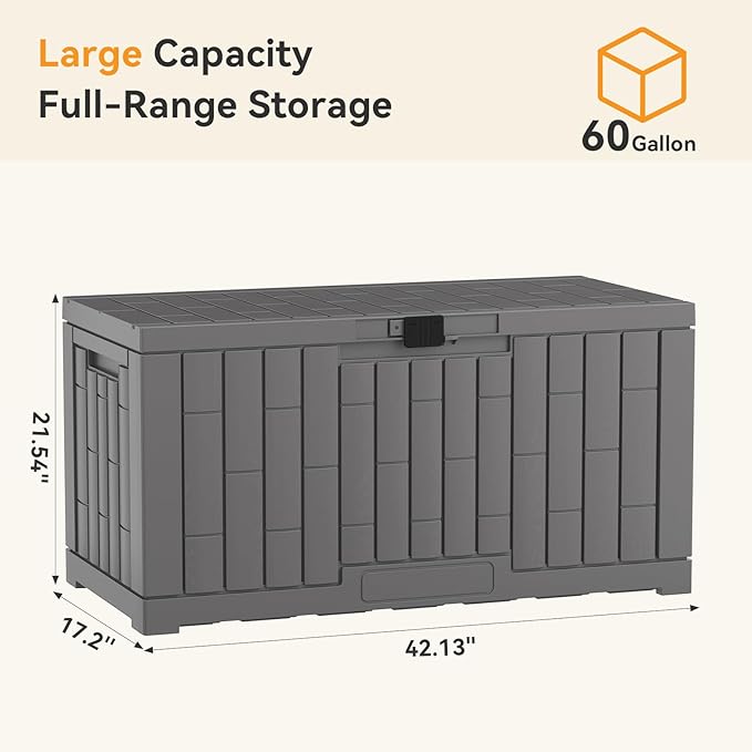 NEWBULIG 60 Gallon Deck Box, Waterproof Outdoor Storage Box with Lockable Lid, Patio Furniture Bench & Side Table, Outside Storage Container, Tool-Free Assembly, for Garden, Pool, Grey