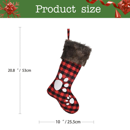 WORLDECO Christmas Stocking 2025 Ornaments, Handmade Dog Footprints Pattern Sock with Faux Fur, Xmas Winter Party Decorations Gifts, Santa Plush Decor, 20 inch, Red