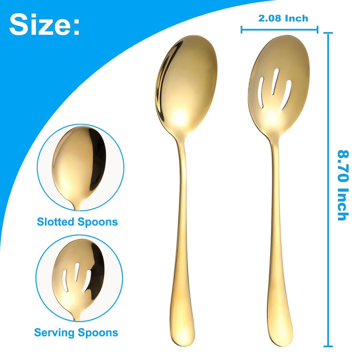 6 Pieces Serving Spoons Set, 8.7 Inch Serving Spoon, Includes 3 Server Spoon and 3 Slotted Spoons, Stainless Steel Buffet Banquet Large Utensils Cutlery Set for Kitchen, Gold