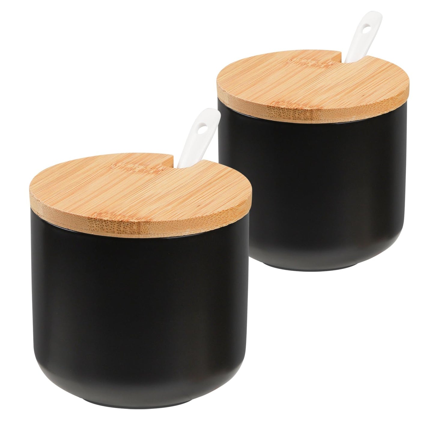 VanEnjoy Set of 2 Black Sugar Bowl with Lid 10oz Ceramic Sugar Bowl Salt Cellar with Lid and Spoon Salt Jar for Seasoning Sugar Container with Spoon