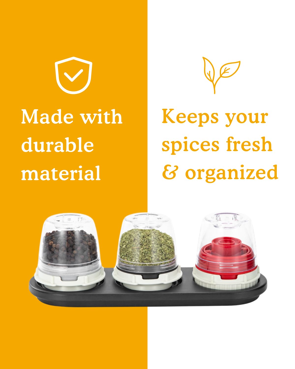 FinaMill Classic Battery-Operated Spice Mill Bundle with Black Trio Stackable Tray – One-Handed Grinder with Interchangeable Pods with Adjustable Coarseness - Valentines Day Gifts for Food Lovers