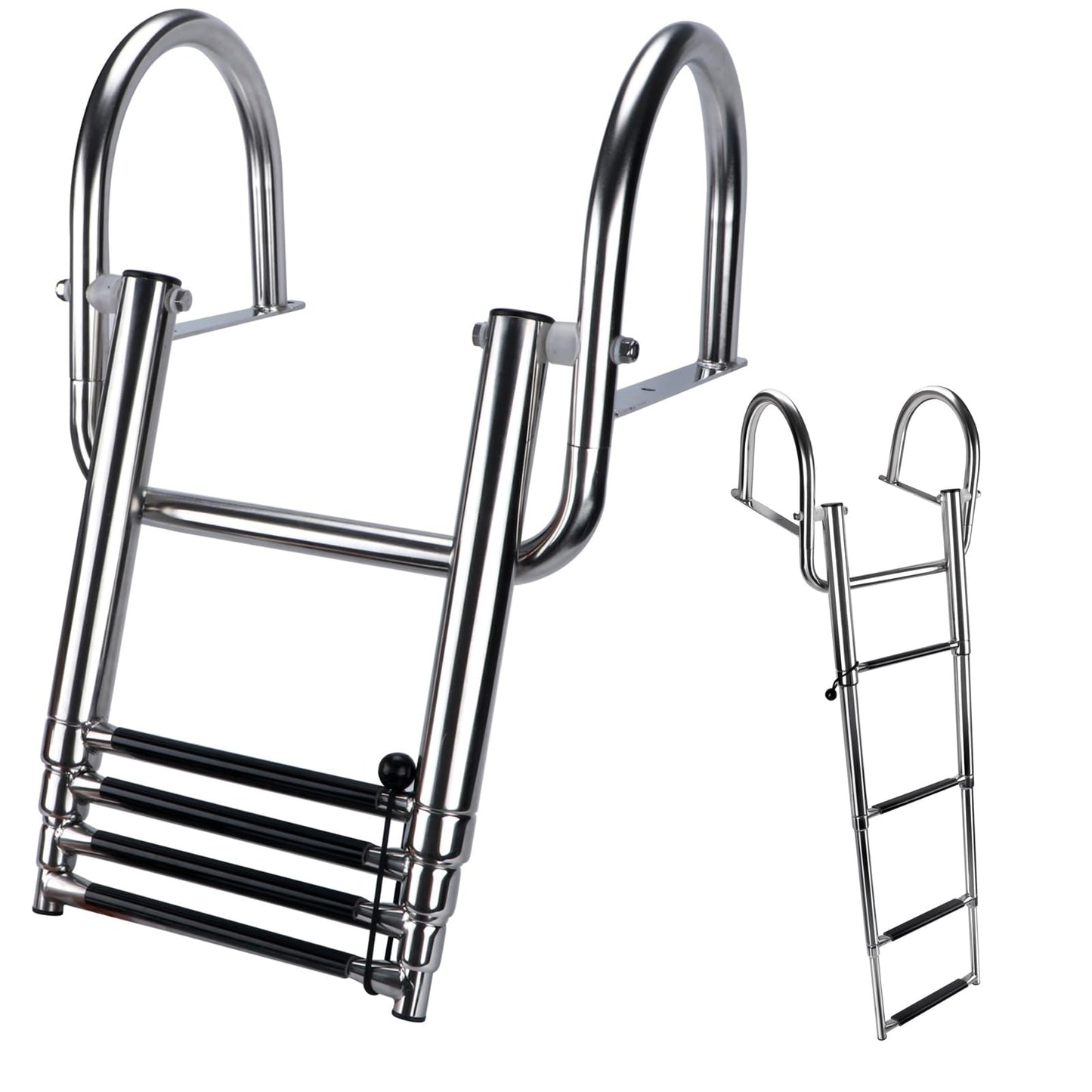 Hoffen 4 Step Pontoon Boat Ladder, Stainless Steel Telescoping Folding Boat Ladder Rear Entry Heavy Duty Custom Inboard with Pedal and Safe Handrails
