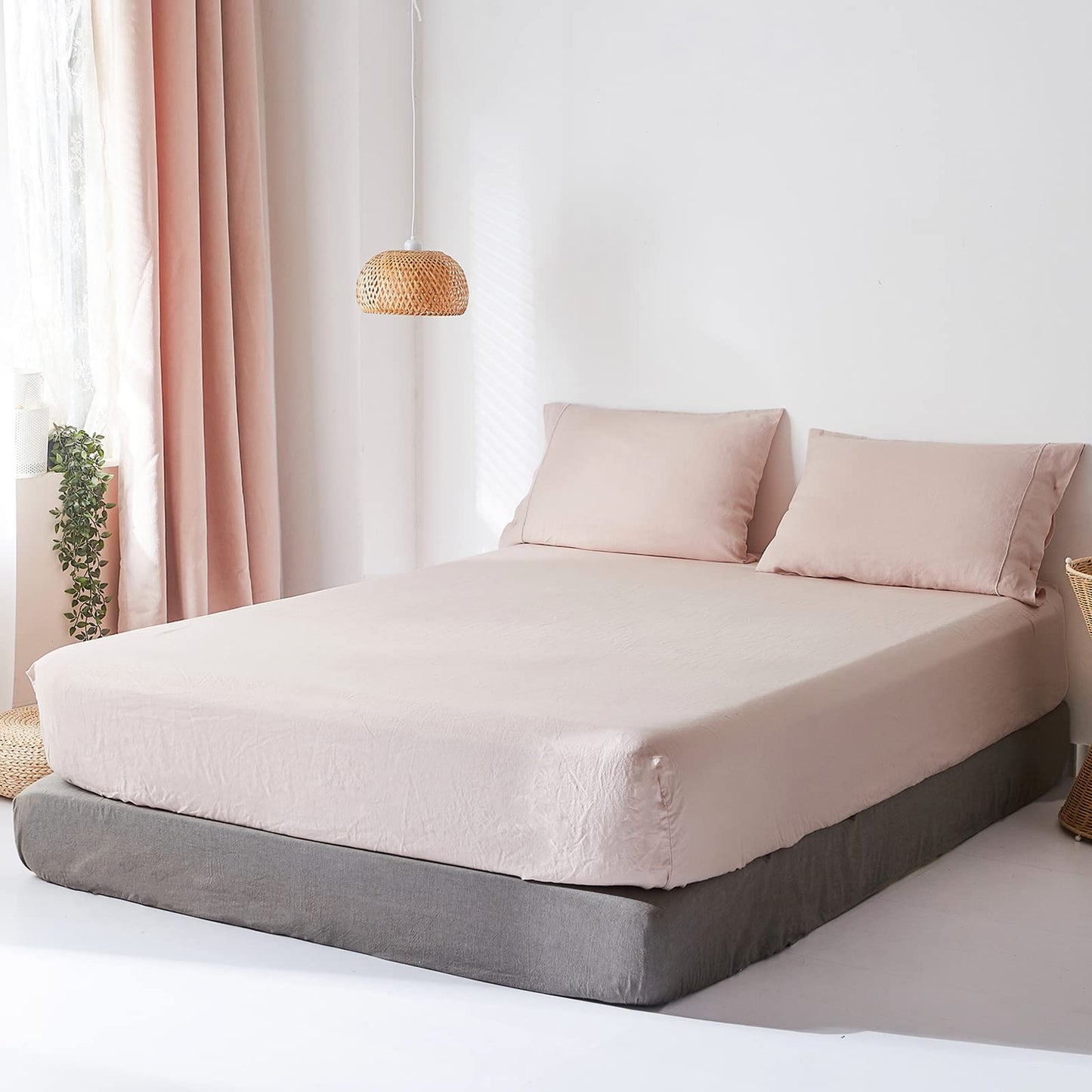King Linens 100% Linen Fitted Sheet Stone Washed Solid Color - (1 Piece) 14 inch Deep Pocket Mattress Cover Soft Natural Breathable Farmhouse - Pink, Twin Size