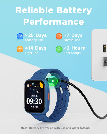 BIGGERFIVE Kids Smart Watch, 1.8" Fitness Watch Pedometer, Heart Rate, Sleep Tracker, IP68 Waterproof, Calorie Step Counter, Puzzle Games with/without APP for Girls Boys Teens 5-16, Blue