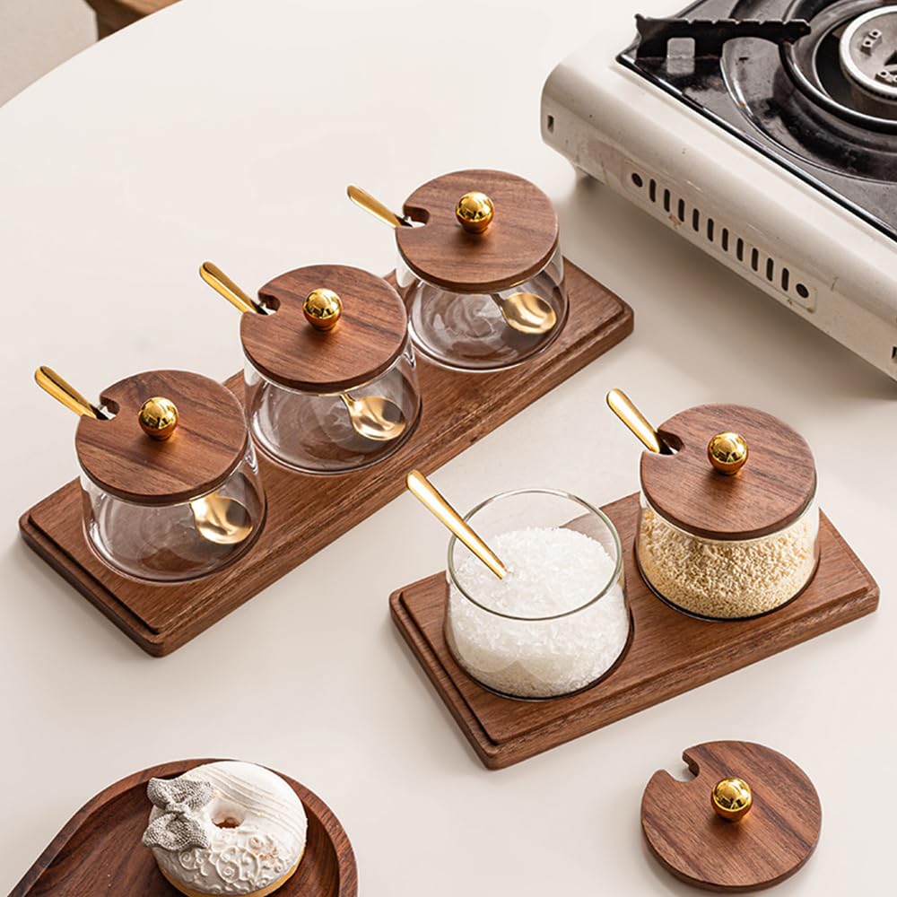 ANQIA Condiment Containers Set with Acacia Wood Lids and Tray Seasoning Box Condiment Pots Jars with Spoons for Spice Salt Sugar Cruet (Gold Top, 3 Jars with Tray)