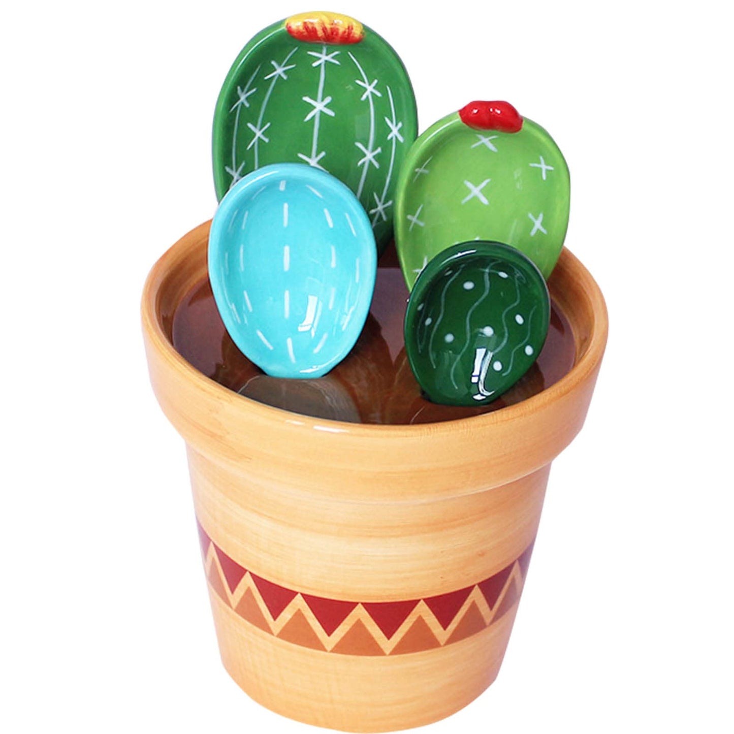 GICEY Cactus Measuring Spoons Set in Pot Ceramic Cute Small Cacti Measuring Spoons and Cups Green Housewarming Gifts for Baking,Salt, Sugar Dishwasher Safe (Green and Blue）
