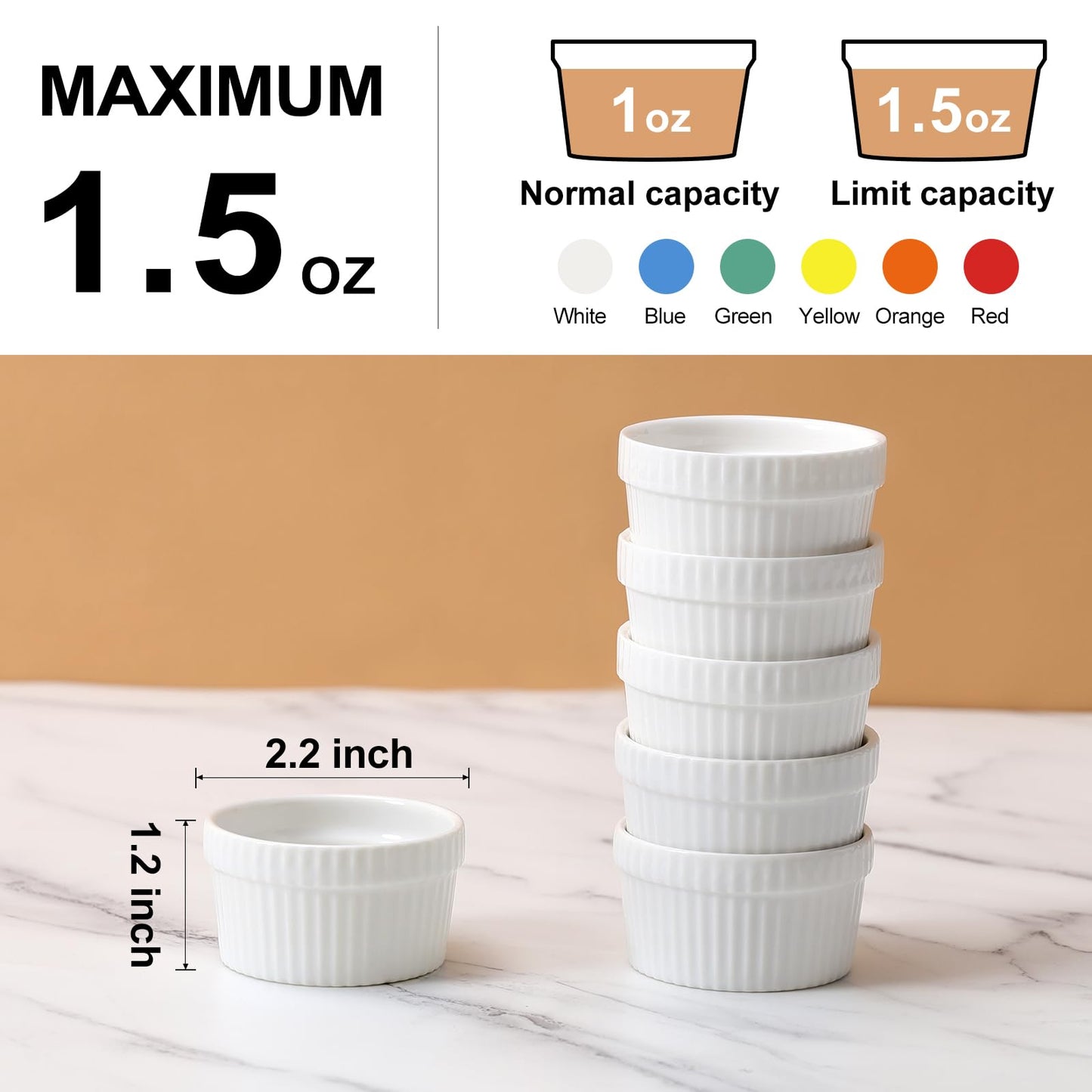 1.5 oz Mini Ramekins Set of 6, Vidalenta Tiny Dipping Sauce Cups, Ramekin Dip Bowl Porcelain Souffle Dish, Small Ramekins Dessert Cups Small Bowls for Charcuterie Board, Microwave & Oven Safe, White