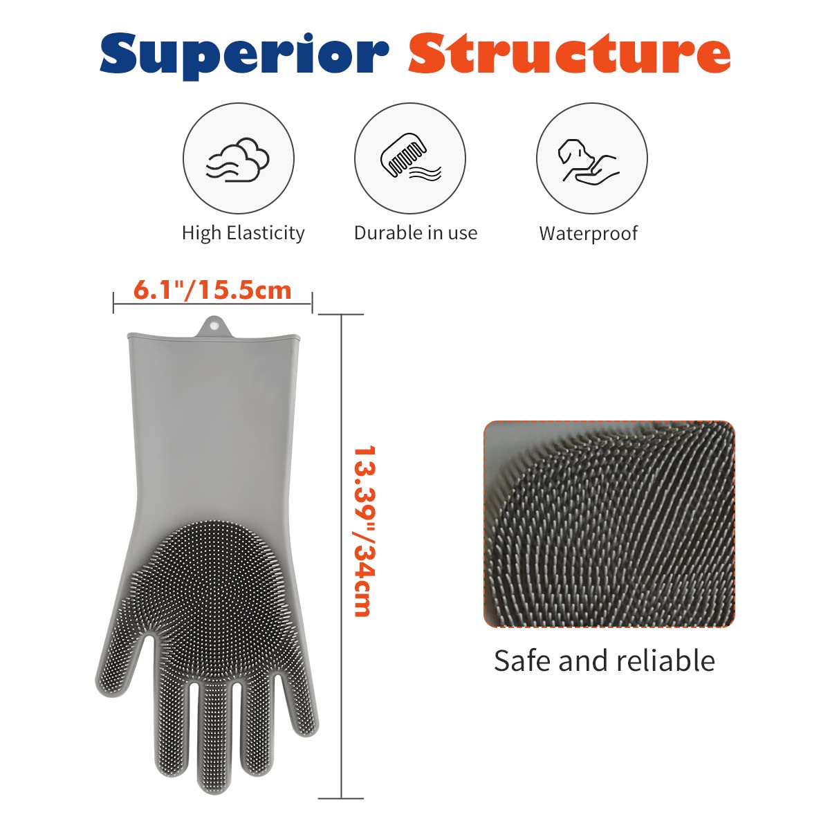 VavoPaw Pet Grooming Gloves - Dog Bathing Shampoo Brush with High Density Teeth, Heat Resistant Silicone Five Finger Design for Bathing and Massaging Dogs and Cats, Gray