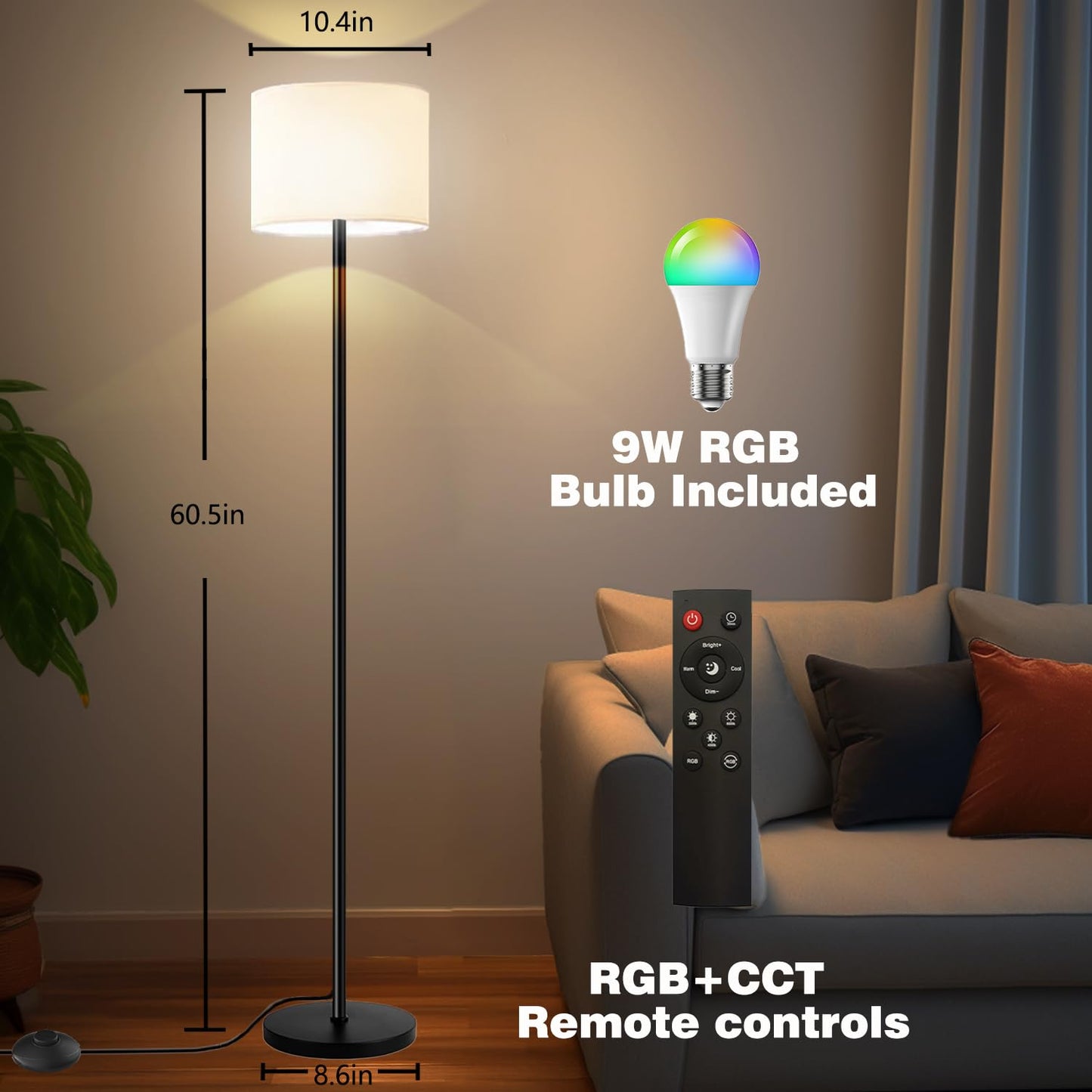 Fuvqeyes Smart Floor Lamp with APP & Remote Control - Dimmable RGB & White Light (3000K-6500K) for Living Room, Bedroom, Office - Modern Standing Lamp with 9W LED Bulb Included