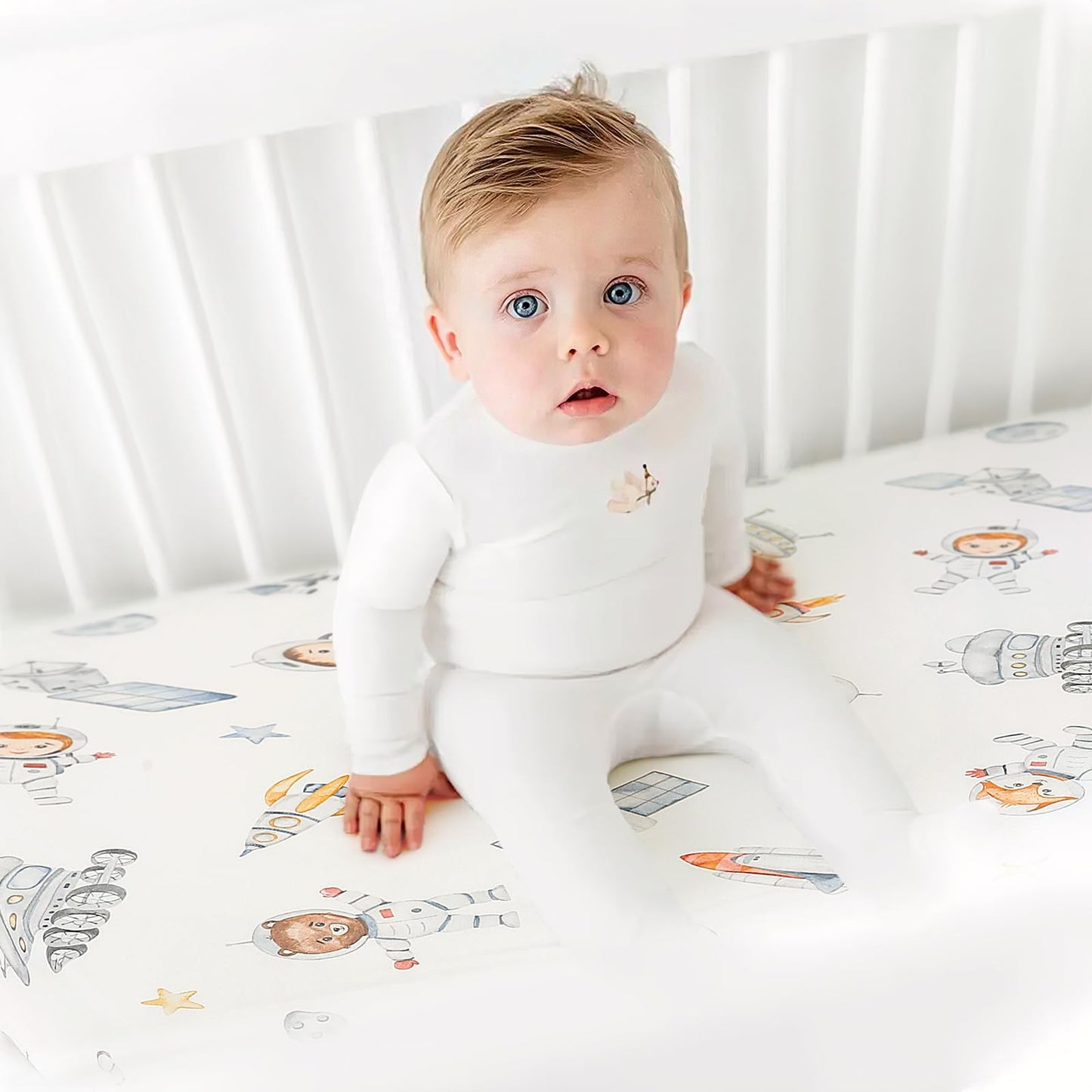 GRSSDER Stretchy Ultra Soft Jersey Knit Pack and Play Sheets 2 Pack, Portable/Mini Crib Sheets Universal Fitted for Playpen Mattress Safe and Snug, Cute Sea Fish & Space Print