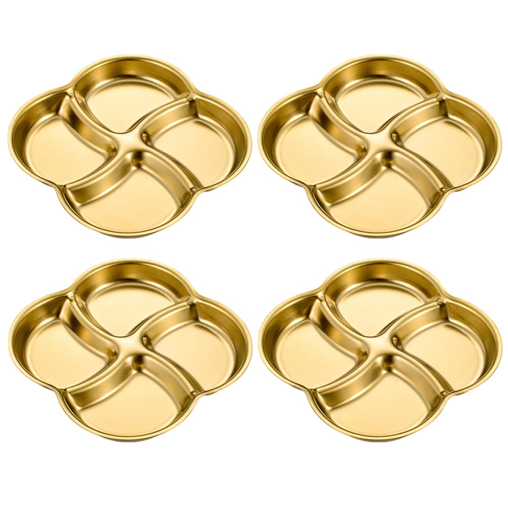 Hayuhone 4 Pcs Soy Sauce Dish Stainless Steel Divided Dip Bowls Korean 4 Compartment Gold Sauce Plate Seasoning Dipping Condiment Tray for BBQ Vinegar Spice Salt Sugar Flavor Home Restaurant