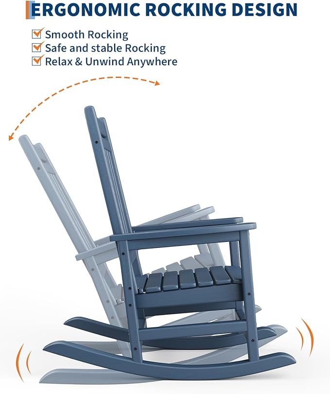 GarveeLife Poly Lumber Rocking Chair Outdoor - HDPE High Back Porch Rocker Chairs for Adults - All Weather Resistant Furniture for Patio - Navy Blue