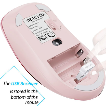 memzuoix 2.4G Wireless Mouse, 1400 DPI Mobile Optical Cordless Mouse with USB Receiver, Portable Computer Mice for Laptop, PC, Desktop, MacBook, 5 Buttons (Pink)
