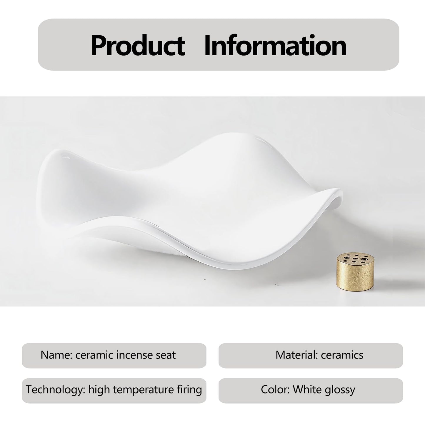 6.7 "Ceramic Incense Burner for Incense/Coil,Wavy Base with Brass -Incense Holder for Sticks,with Ash Catching Bowl for Meditation Yoga and Home Decoration (White)