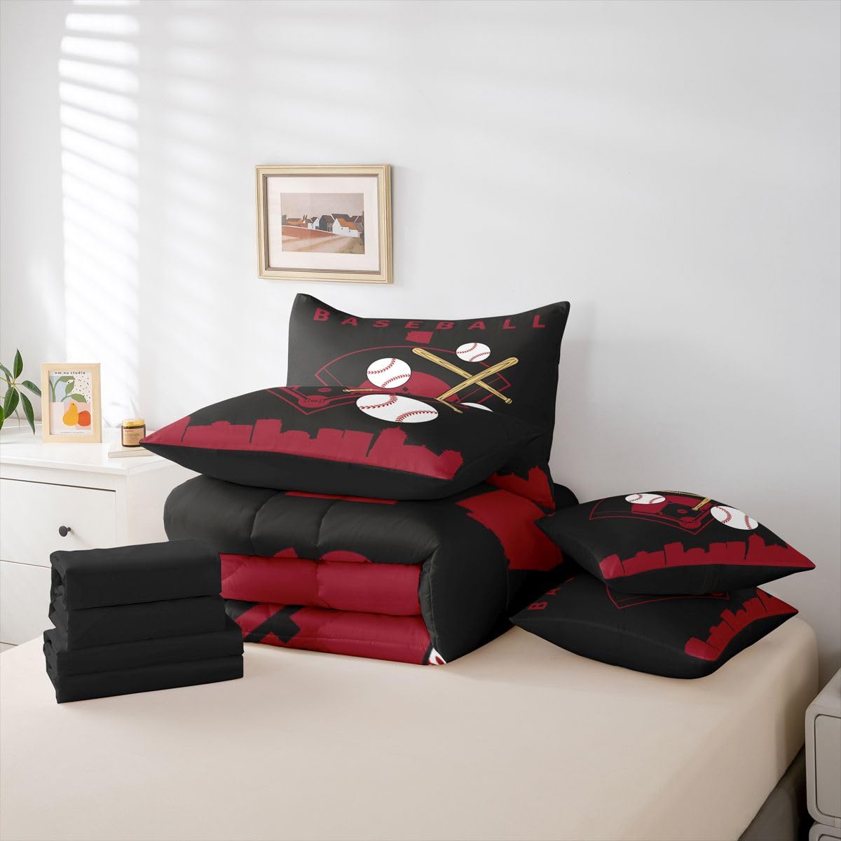 Erosebridal Baseball 7 Piece Bed in A Bag Full Size Softball Sports Boys Comforter Set Cover Baseball Bat Bedding Set for Kids Teens Adult Men City Building Black Red Sheet Sets