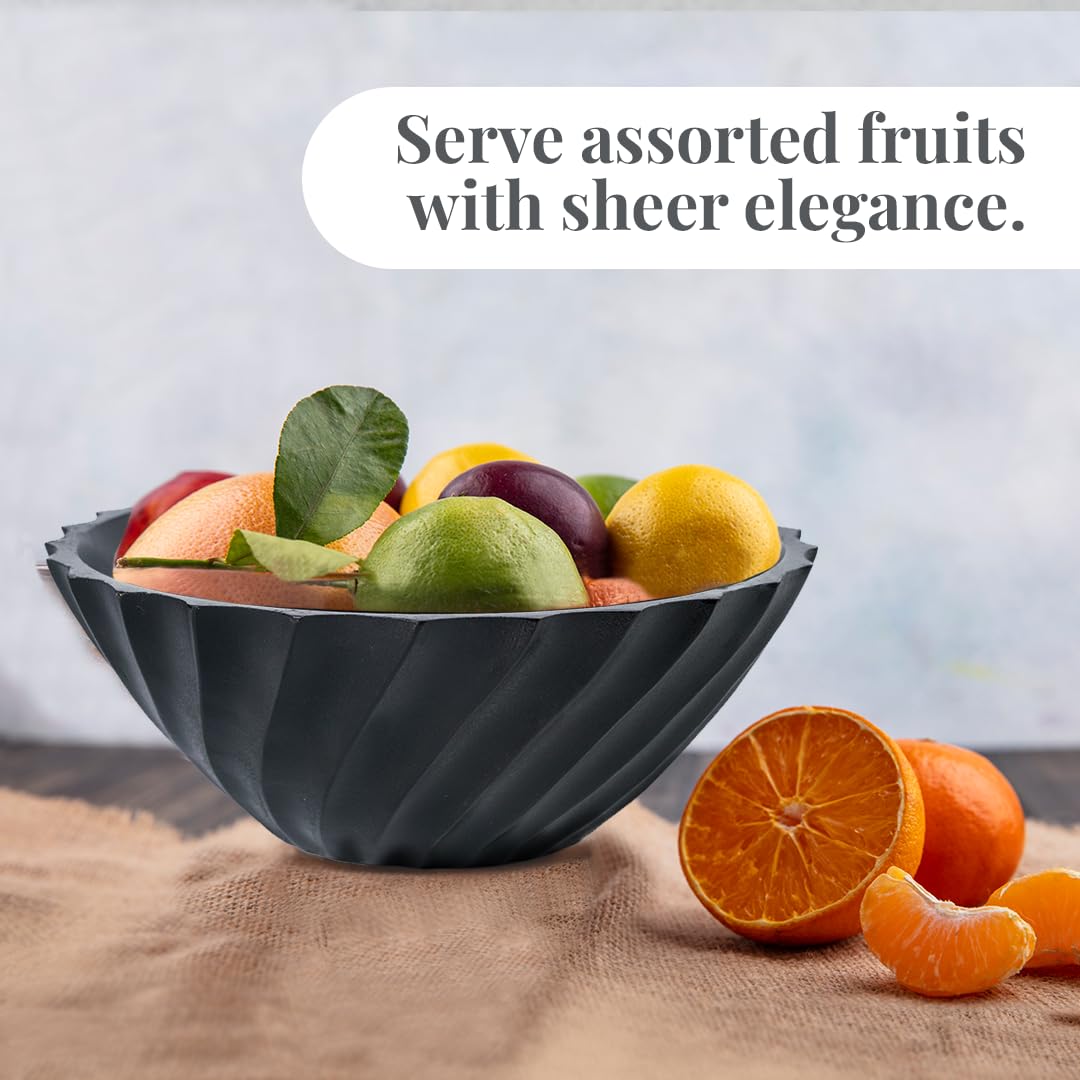 Folkulture Black Ribbed Salad Bowl | 11” Large Mango Wood Serving Bowl | Modern Wooden Bowl for Salad, Fruit & Pasta | Kitchen Island & Dining Table Décor