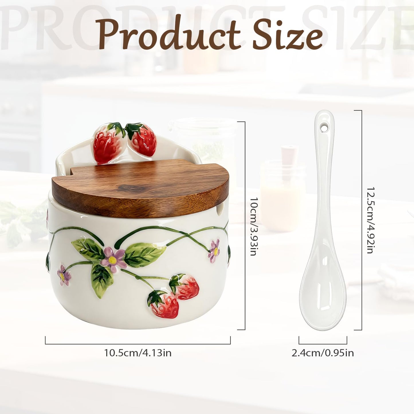 Salt Cellar, 13.5 oz Ceramic Salt Cellar with Lid and Spoon - Strawberry 3D Relief Design Seasoning Jar with Acacia Wood Lid, Suitable for Salt, Sugar, Pepper - Kitchen Countertop Storage Container