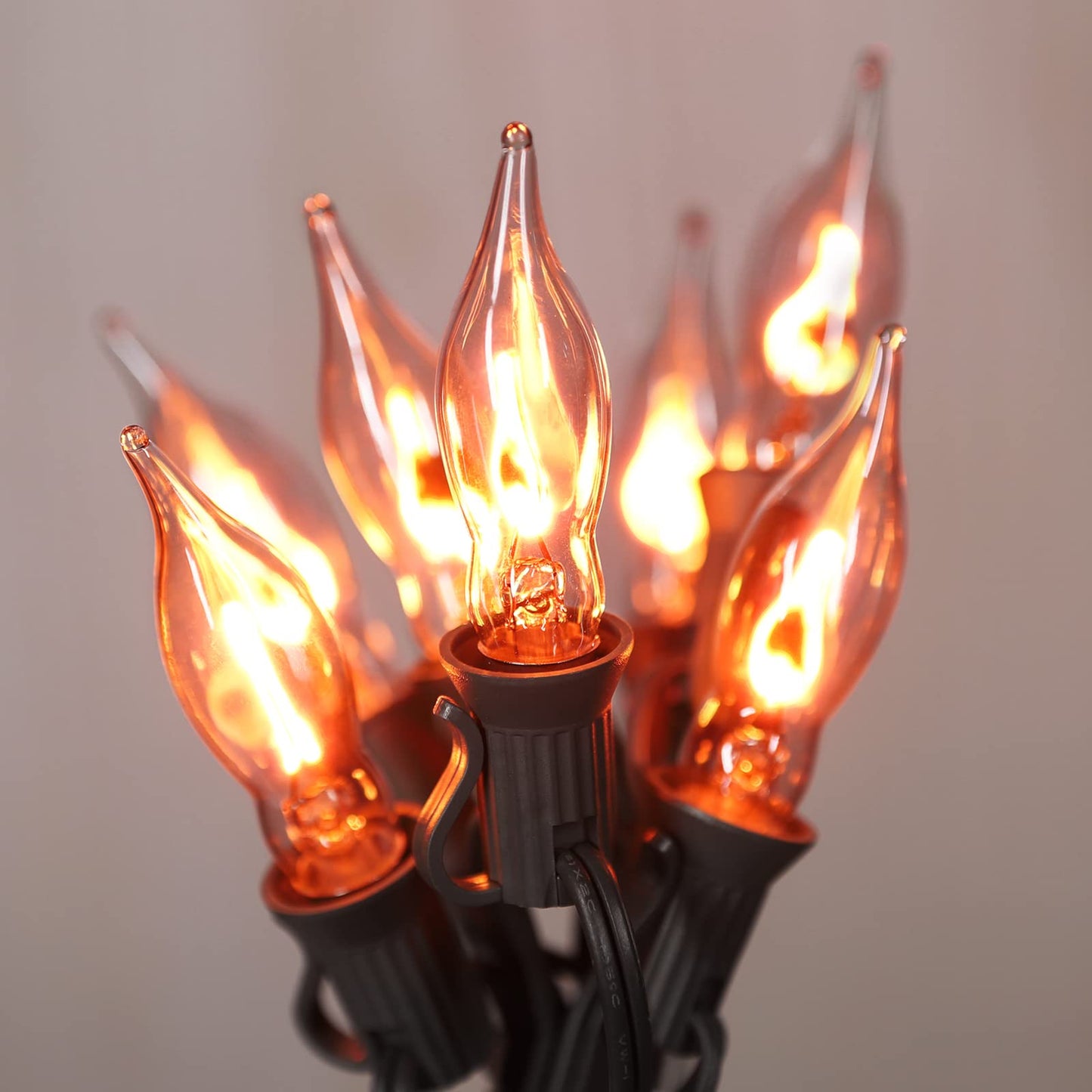Glowzy 12.8Ft Christmas Lights Flickering Flame String Lights with 12 Pack Clear C7 Flame Light Bulbs（2 Spare）, Great for Indoor Outdoor Home Patio Party Christmas Decorations Lights, 1W, E12 Base
