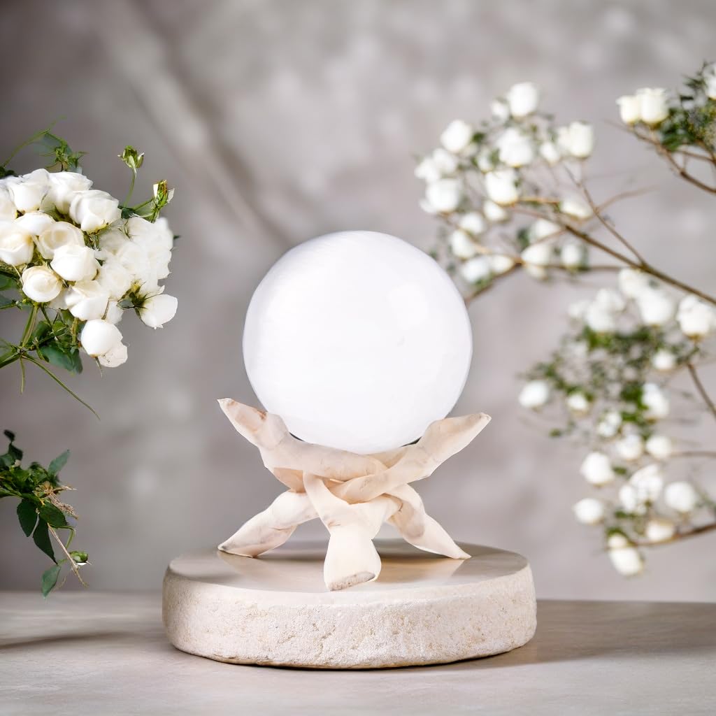 Selenite Sphere Crystal 3.14" with 4" Wooden Stand - Healing Crystals and Meditation Accessories for Spiritual Room Decor, Protection Crystals and Energy Healing - Crystal Decor Spiritual Gift