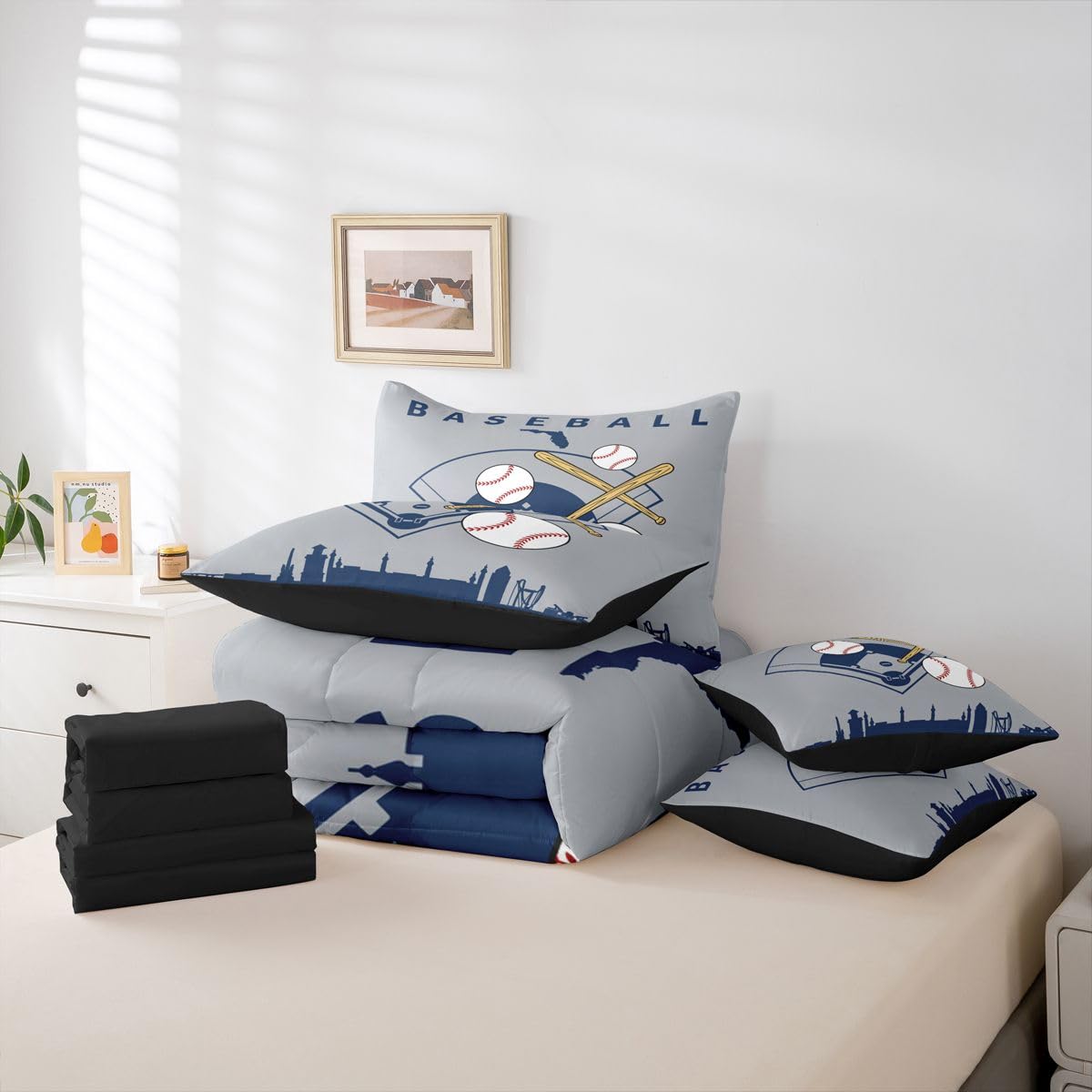 Erosebridal Boys Baseball Full Comforter Set Ball Sports Games 7 Pcs Bedding Set for Kids Teens Baseball Bat Bed in A Bag Softball City Building Sheet Sets for Youth Men Adult Bedroom