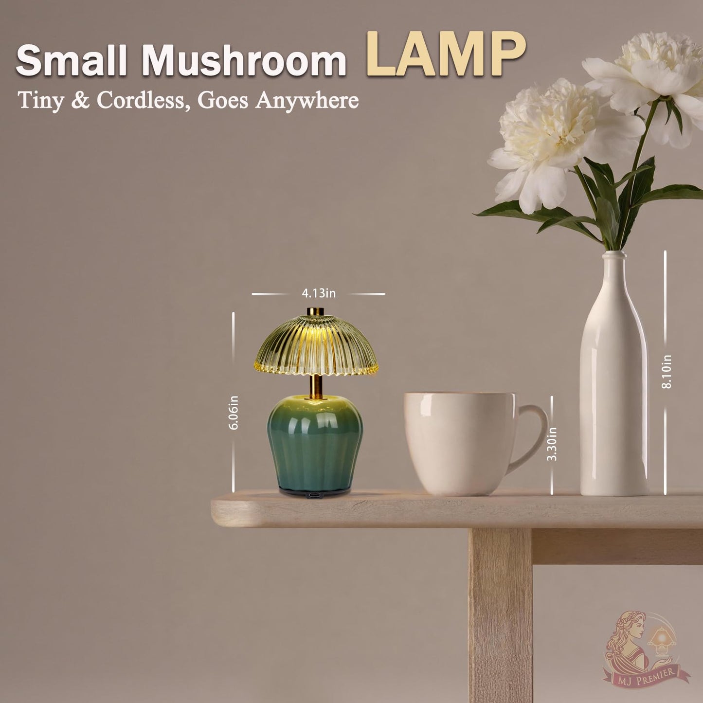 MJ PREMIER Rechargeable Table Lamp, Cordless Lamp with Timer, Mini Glass Mushroom Lampshade, Small Table Lamps, Decorative Led Light for Bedroom Living Room Shelf (Green)