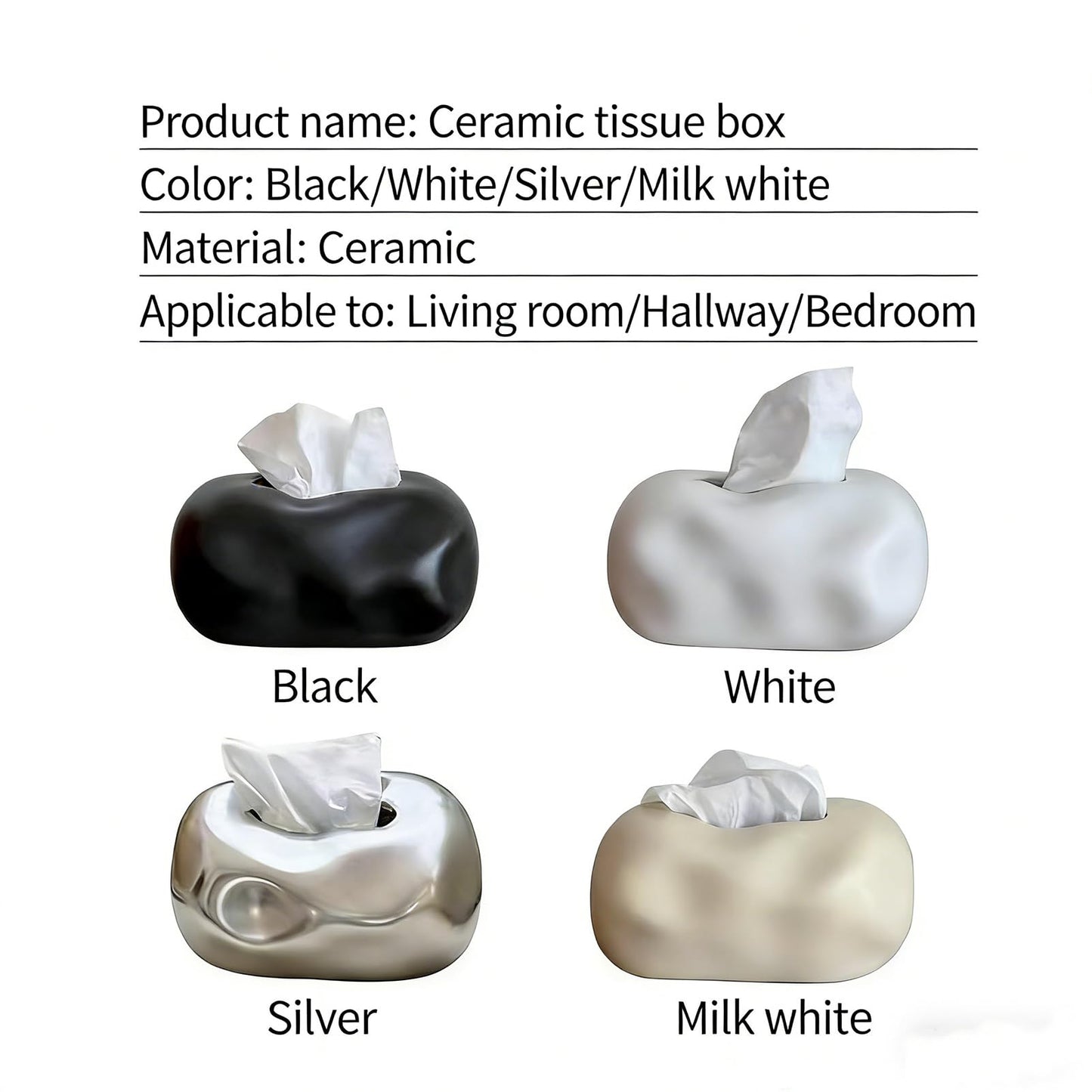 Ceramic Tissue Box Cover Modern Decorative Organizer for Facial Tissues Holder, Farmhouse Style Home Decor for Bathroom, Bedroom, Living Room & Office (Round Silver)