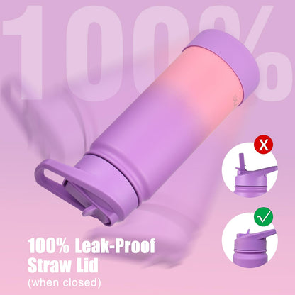 mininoo Kids Water Bottle for School, 16oz Stainless Steel Insulated Water Bottle Kids with Straw Lid for Girls, Boys (Purple/Pink)
