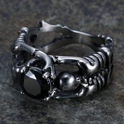 Retro Vintage Stainless Steel Skeleton Skull Gothic Wedding Halloween Statement Biker Ring (Silver Black, 4)